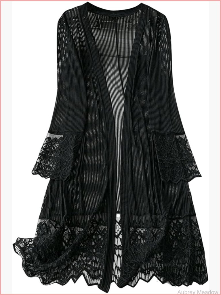 Plus Size Lace Long Cardigan Kimono Open Front Lightweight